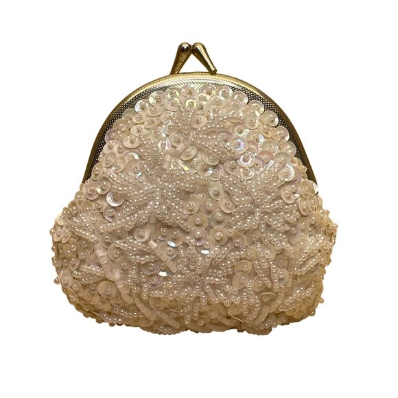 Gold Frame Embellished & White Beaded Sequined Kiss Lock Closure Coin Purse - Picture 3 of 6